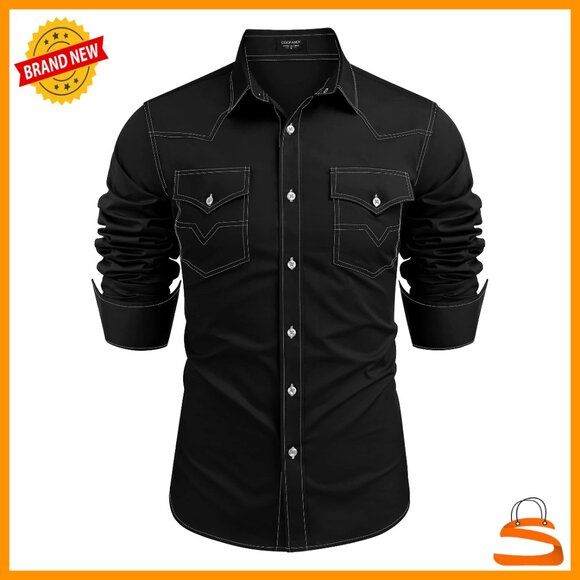 Western Cowboy Shirt Long Sleeve Cotton Button Down Work Casual Vintage Style